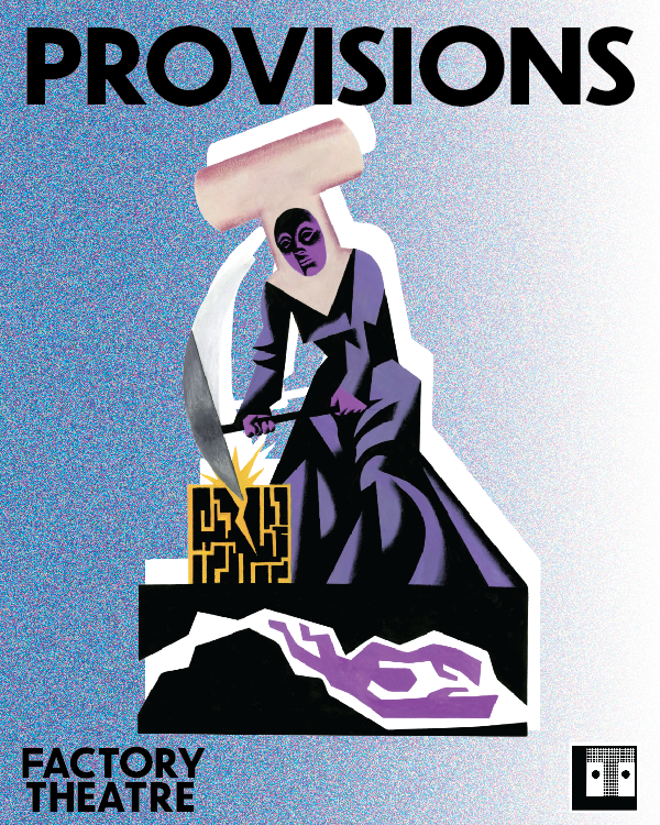 Provisions poster. Illustration of woman in nun outfit using pickaxe on blue gradient background.