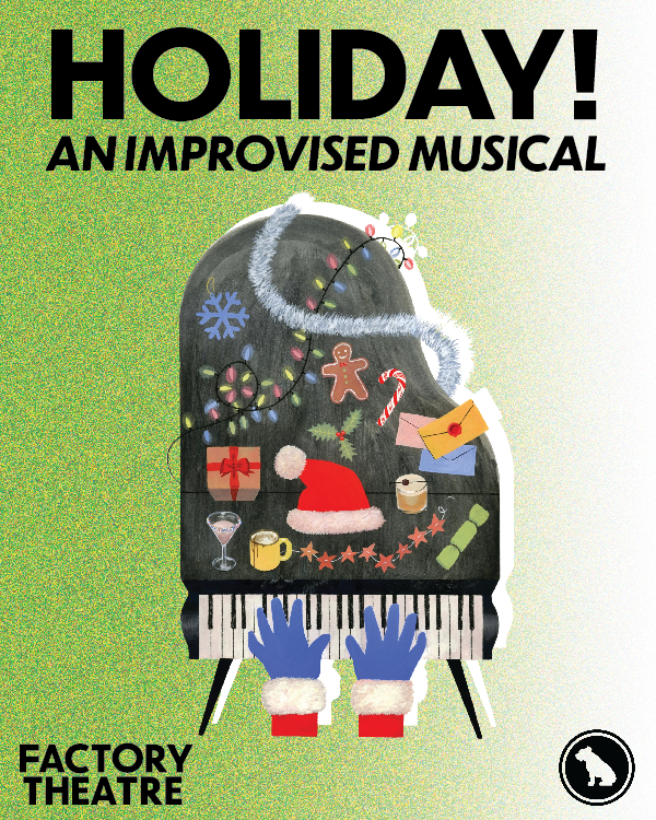 Holiday! poster. Illustration of hands playing piano covered in holiday decor and drinks on green gradient background. 