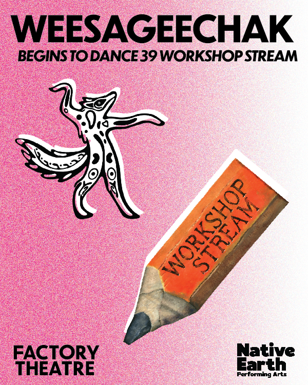 Weesageechak workshop stream poster. Native Earth logo and illustration of pencil on pink gradient background. 