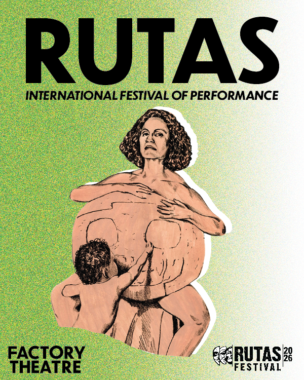 RUTAS poster, illustration of woman and child on green gradient background.