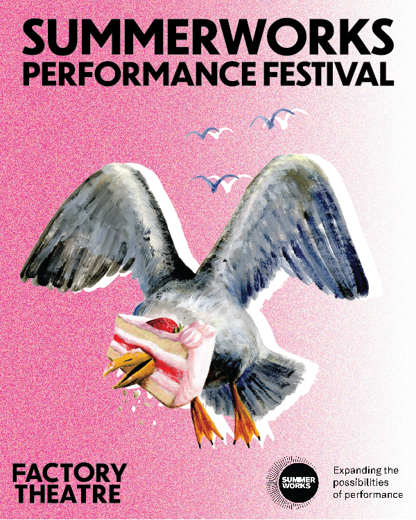 SummerWorks poster, illustration of seagull with cake on pink gradient background.